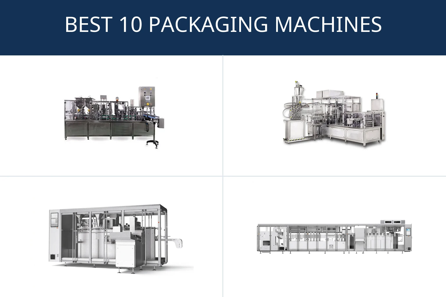 Four real machine images from Pure's catalog: pneumatic inline filler, servo inline filler, premade pouch system and form-fill pouch system, under the heading Best 10 Packaging Machines