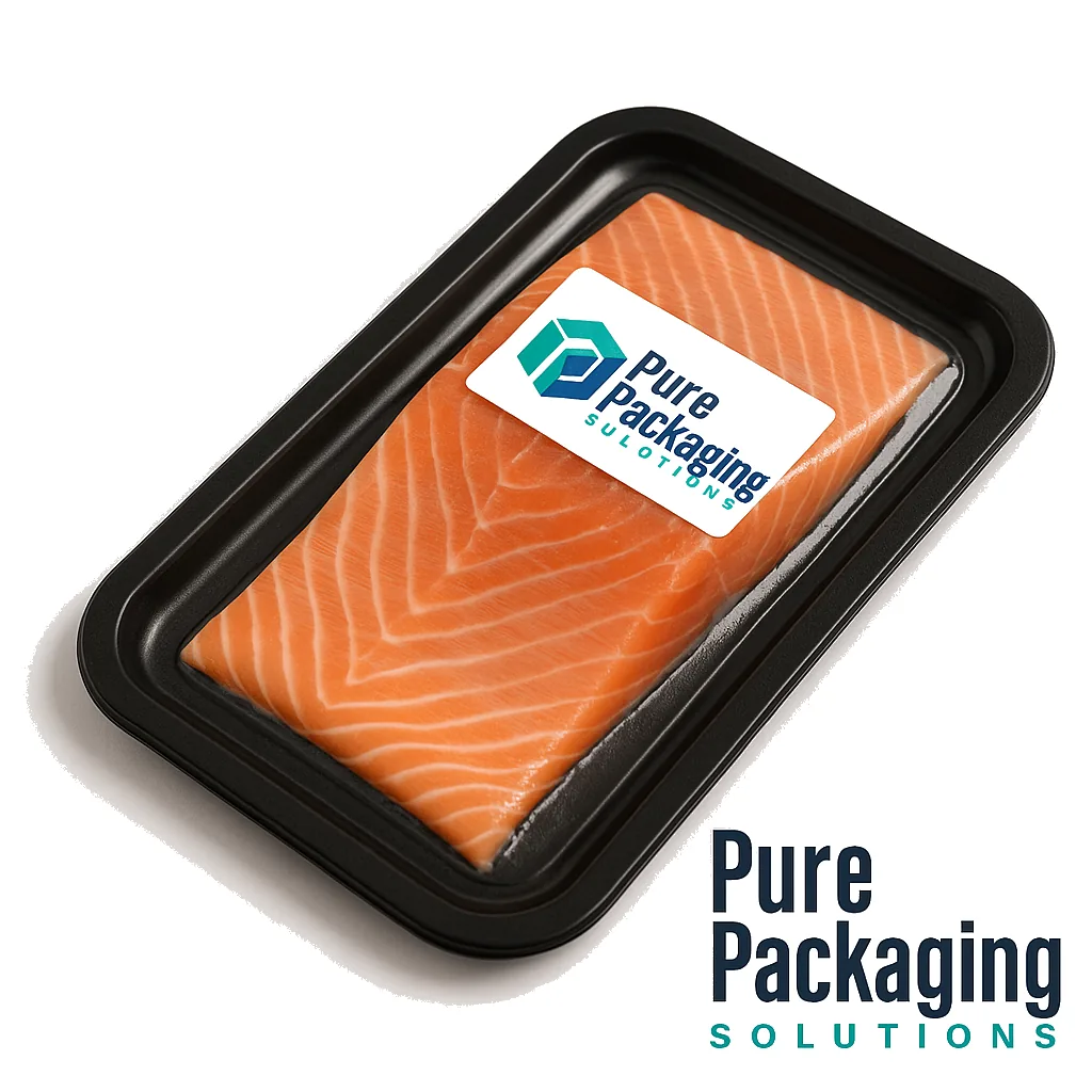Sealed tray pack with salmon product for food packaging applications