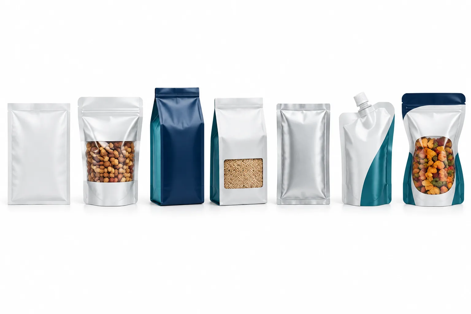 Premade pouch and horizontal pouch packaging formats on a clean white production planning layout